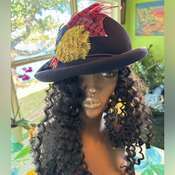 Vtg Ricki Original Black Fur Felt Merrimac Hat Colorful Feathers Half Bowler - Picture 2 of 10